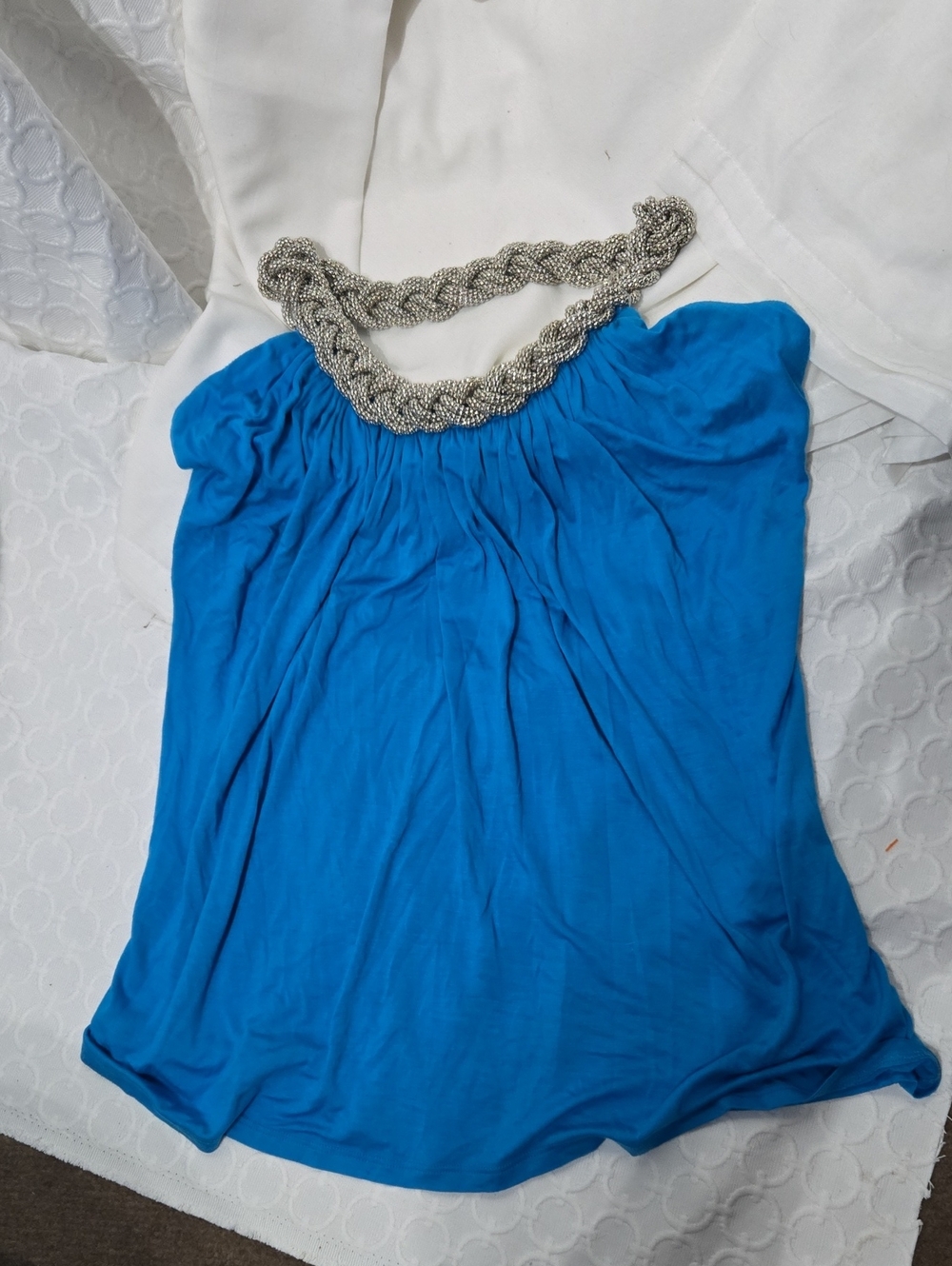 Spense Blue Halter Top with Braided Silver Neckline
